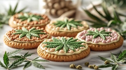Round cannabis cookies with hemp leaf patterns and scattered cannabis leaves offer a natural theme for food presentation and focus on CBD edible sweets, indulgent treats, and alternative wellness.