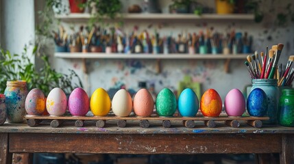 variety of painted eggs drying on a wooden rack, surrounded by brushes, paint jars, and a colorful mess