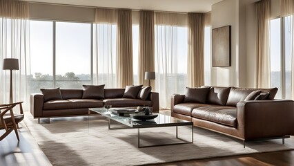 Modern living room with two brown leather sofas, a glass coffee table, and sheer beige curtains overlooking a scenic view.