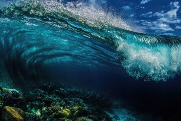 Obraz premium A powerful ocean wave cresting over a rocky underwater reef, colors shifting from deep blue to vivid teal, with foam and spray scattering light as the wave rolls in.