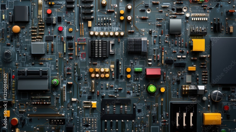 Poster close-up view of electronic circuit board components with resistors, capacitors, and microchips on a