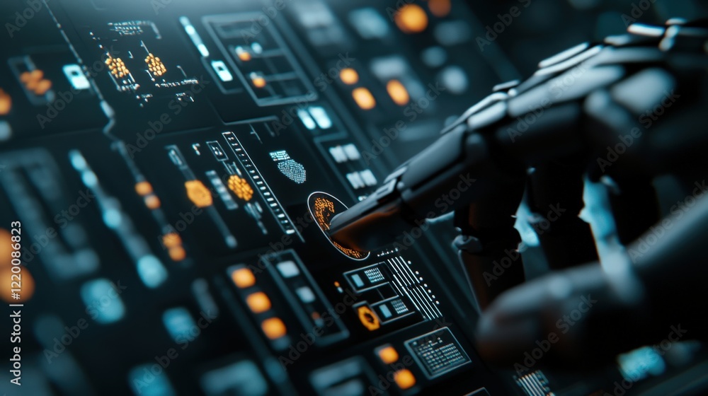 Poster Close-Up of a Robotic Hand Interacting with Futuristic User Interface Display Featuring Neon Lights and Digital Elements in a High-Tech Environment