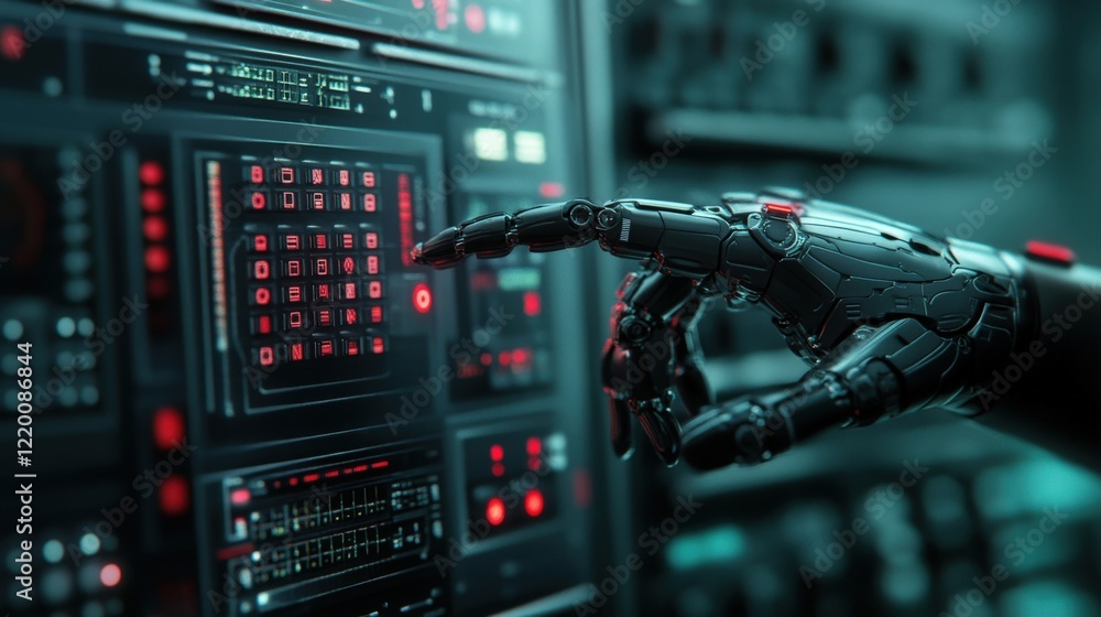 Aufkleber Futuristic robotic hand interacting with digital interface, showcasing advanced technology, artificial intelligence applications, and vibrant data visualization in a modern environment.