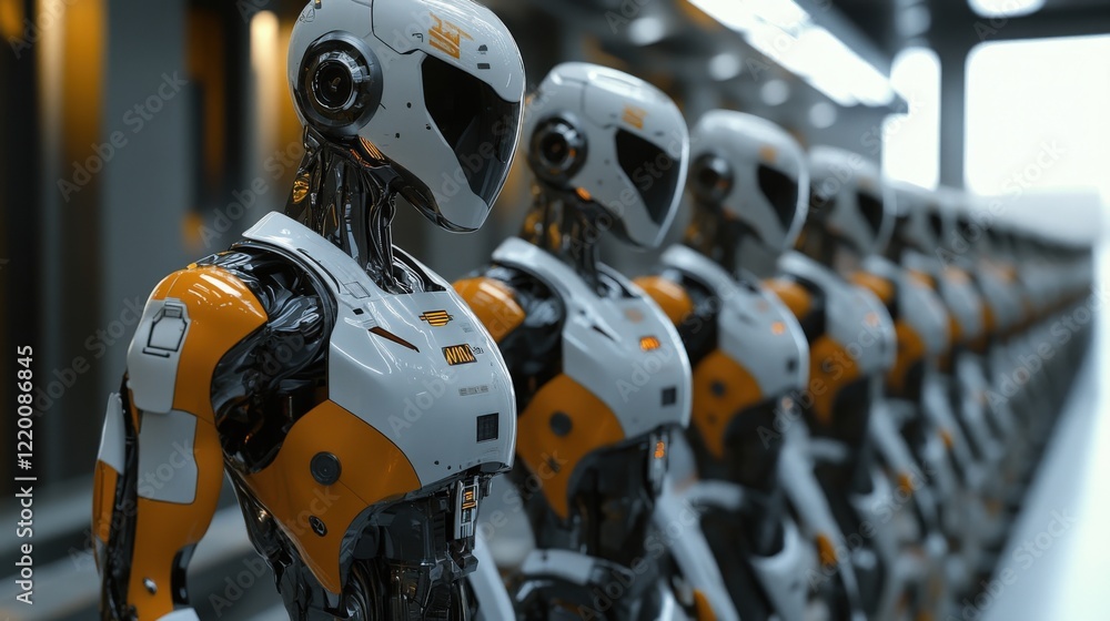 Aufkleber Futuristic Robotics: A Lineup of Advanced Humanoid Robots with Sleek Design and Orange Accents in a Modern High-Tech Environment for Innovative Imagery