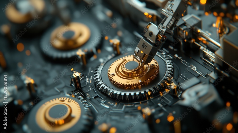 Poster Close-Up View of Advanced Robotic Manipulation on Intricate Gear Mechanisms in a High-Tech Industrial Setting Highlighting Precision Engineering and Innovation