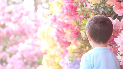 Fototapeta premium Child Admiring Vibrant Spring Azalea Blooms in Garden
