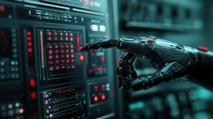 Naklejka premium Futuristic robotic hand interacting with digital interface, showcasing advanced technology, artificial intelligence applications, and vibrant data visualization in a modern environment.