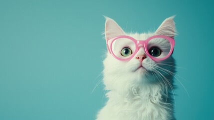 A white cat with pink glasses posed against a blue background, exuding charm and quirkiness. Ideal for pet-themed designs, playful marketing, and unique promotions