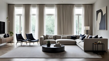 Modern living room interior with large sectional sofa, two armchairs, and floor-to-ceiling curtains offering abundant natural light.