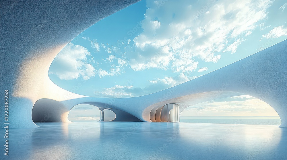 Poster futuristic minimalist architectural space with abstract shapes and car park on blue sky background