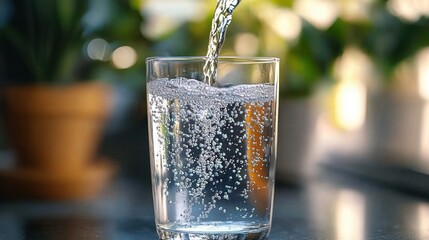 Sparkling Water Purification System Pouring into Glass Health Freshness Clarity Vitality Balance