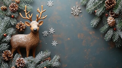 Scandinavian style winter background with snowflakes, pine branches, and a wooden reindeer. Perfect for holiday cards, Christmas banners. Includes space for text.