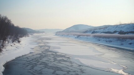 Frozen river landscape, winter sunrise, aerial view