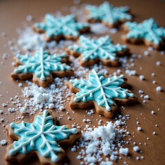 Icy blue snowflakes delicately land on a bed of edible glitter on a gingerbread, holiday, snowflakes