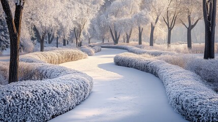 A quiet park blanketed by a heavy layer of frost, with trees and bushes sparkling in the morning light. The frosted paths wind through the winter landscape,  