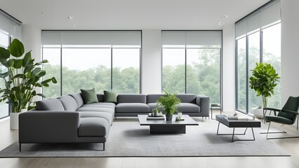 Fototapeta premium Modern gray sectional sofa and contemporary furniture in a bright, airy living room with large windows overlooking a lush green landscape.
