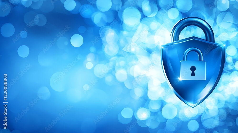 Poster secure data protection blue padlock shield on bokeh background