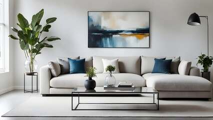 Stylish contemporary living room interior with a beige sectional sofa, abstract artwork, and modern d?cor.