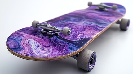 Skateboard featuring a vibrant purple swirl design on the deck, complemented by matching wheels. This eye-catching design is perfect for skateboard enthusiasts who want to stand out.