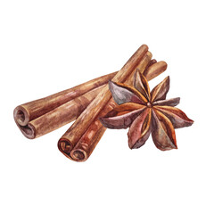 Watercolor cinnamon and badian star isolated on white background. Fragrance condiment for cooking dessert or drink. Christmas food. Clipart for kitchen cookbook and sticker. Wallpaper or wrapping