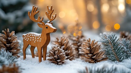 Snowy pine branches and wooden reindeer figures. A winter background for Christmas cards and banners.