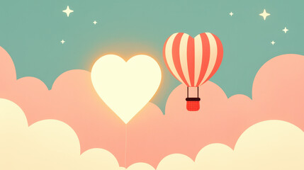 whimsical hot air balloon shaped like heart floats among clouds