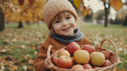 close up portrait little caucasian gird holding A basket full of apples in an apple orchard, Generative AI