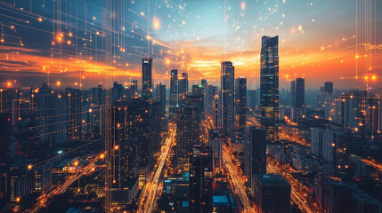 Fototapeta premium Illuminated Cityscape at Sunset with Glowing Network Connections