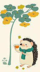 Naklejka premium cute hedgehog wearing green scarf enjoys tea under tree