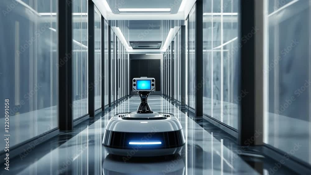 Poster futuristic robot navigating sleek, modern corridor reflection of technology and innovation in automa