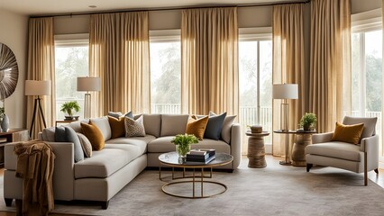 Fototapeta premium Elegant living room interior with a beige sectional sofa, gold accent tables, and sheer beige curtains framing large windows.