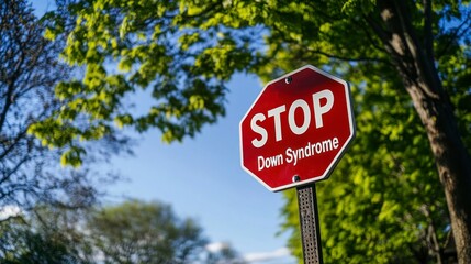 A red stop sign with the words STOP and Down Syndrome written in white, centered on it.