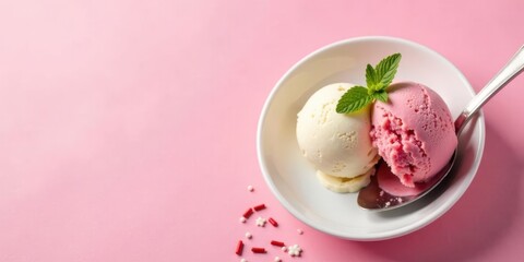 A delightful duo of creamy vanilla and berry ice cream scoops served in a pristine white bowl, adorned with a refreshing mint sprig and scattered sprinkles, rests on a soft pink backdrop.