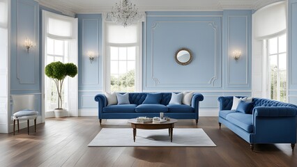 Elegant blue velvet sofas and a coffee table sit on a plush rug in a light blue, classically decorated living room.
