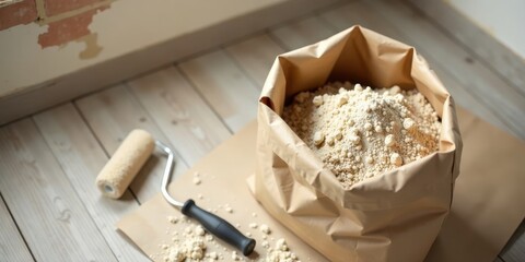 A paper bag filled with a light beige granular substance sits on a wooden surface next to a paint roller and tray, suggesting a home improvement or DIY project