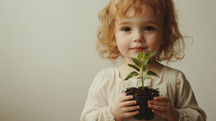 Charming child with curly hair holds small plant in pot