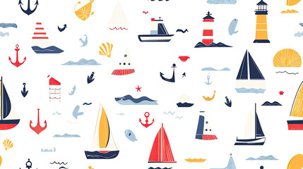 Fototapeta premium Nautical themed pattern with boats, anchors, and lighthouses