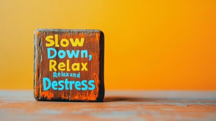 Creator hand-painted a wooden block with the text Slow Down, Relax and Destress on an orange background. Concept of stress relief or relaxation activity for well-being and life balance.