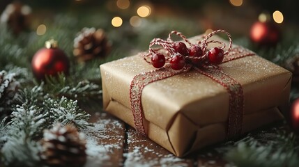 Stylish Christmas scene with a wrapped gift and soft bokeh lighting, perfect for holiday cards.