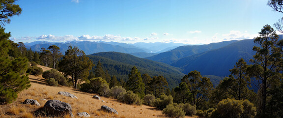 Stunning Tasmanian wilderness landscape under clear blue sky, natural beauty