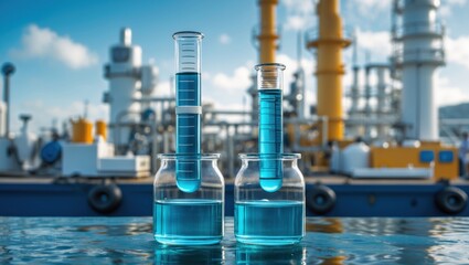 Two glass beakers containing blue liquid stand in the foreground, with an industrial facility featuring tall structures in the background.