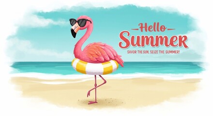 Hello summer greeting vector design. Summer hello greeting text with pink cute flamingo wearing sunglasses and floaters beach elements for tropical travel background. Vector illustration summer greeti