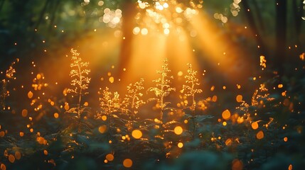 Fototapeta premium Sun rays through forest trees, sunlight filters through leaves. Summer nature.