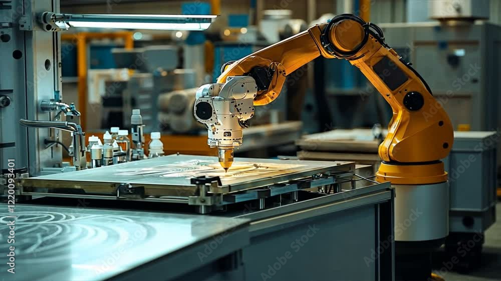 Poster automated robotic arm in workshop precision painting on canvas and advanced technology in industrial
