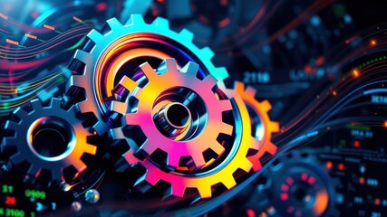 A vibrant arrangement of colorful gears interlocking in a dynamic setting, symbolizing innovation, technology, and mechanical engineering.