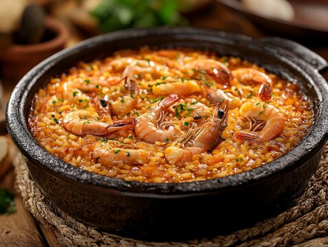 Traditional Portuguese arroz de marisco with seafood. Featuring a rich and savory rice dish. Highlighting the texture and flavors of the seafood and rice. Ideal for food and cultural themes.