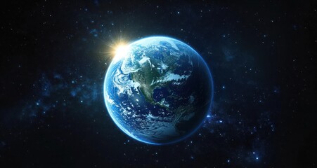 Obraz premium Earth from Space in Hyper-Realistic Style with Dramatic Lighting and Bright Sunflare in Dark Starry Cosmos