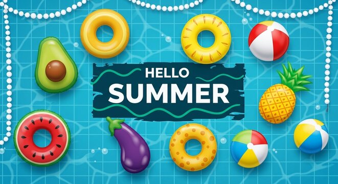hello summer banner with inflatables on swimming pool water vector

 - Powered by Adobe
