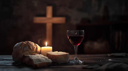 Simple wooden table with unleavened bread, red wine in a cup, and a burning candle, with a wooden cross in the background in a dark room, Ai generated images
