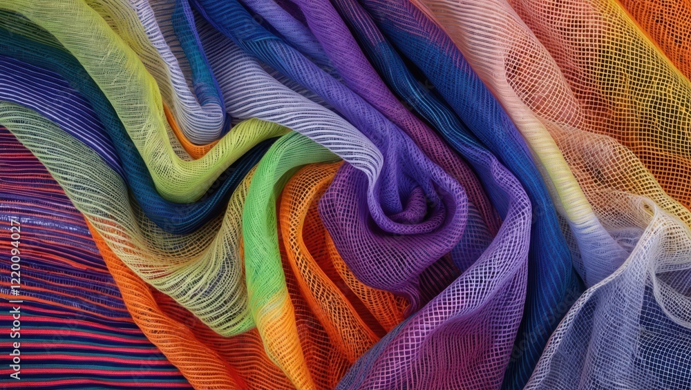 Poster a vibrant array of colorful, textured fabrics, showcasing intricate patterns and harmonious blending